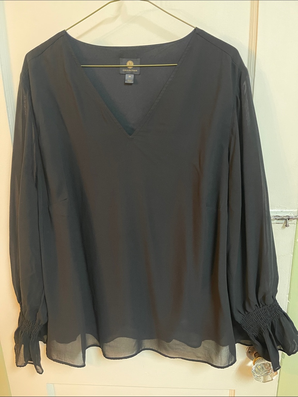 JM Collection Black V-Neck Smocked Cuff Blouse
